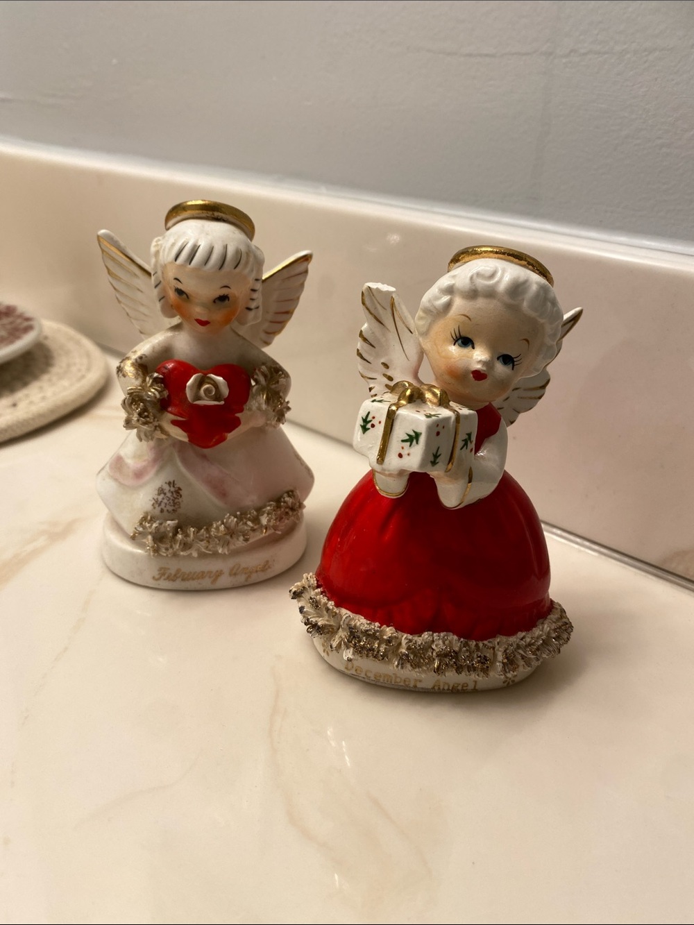 Vintage Red & White Ceramic Angel Pair with Gold Accents ✨CHIP✨